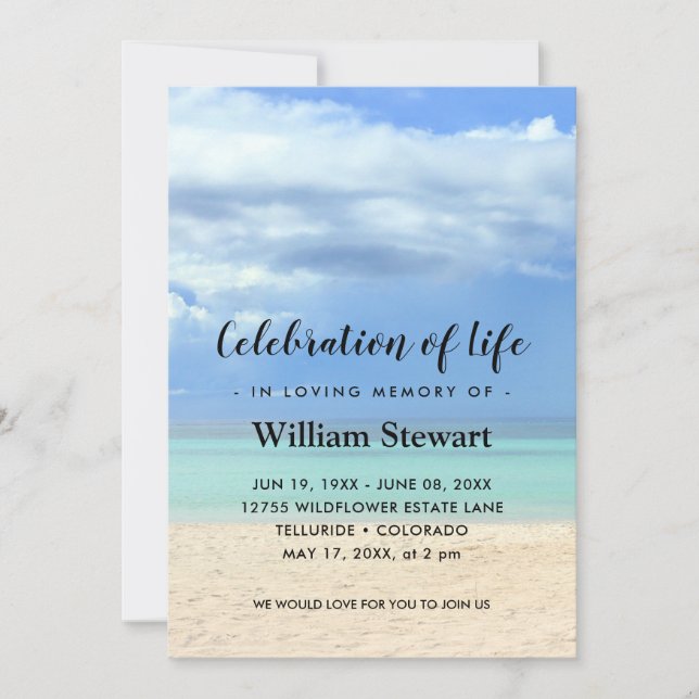 Modern Funeral | Celebration of Life Beach Invitation (Front)