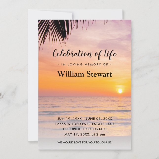 Modern Funeral | Celebration of Life Beach Sunset Invitation (Front)