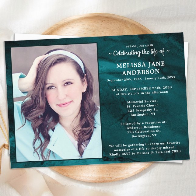 Modern Funeral Celebration Of Life Green Marble  Invitation (Creator Uploaded)