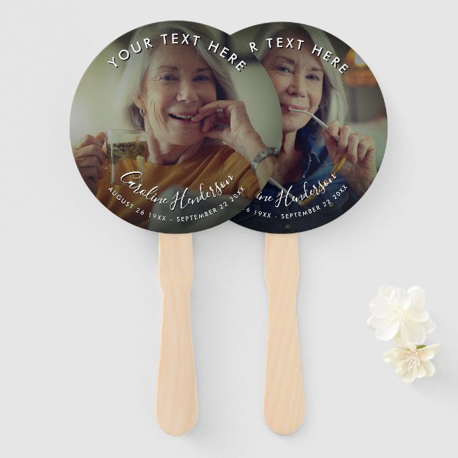 Modern Funeral/Memorial Photo & Handwritten Script Hand Fan (Front and Back)