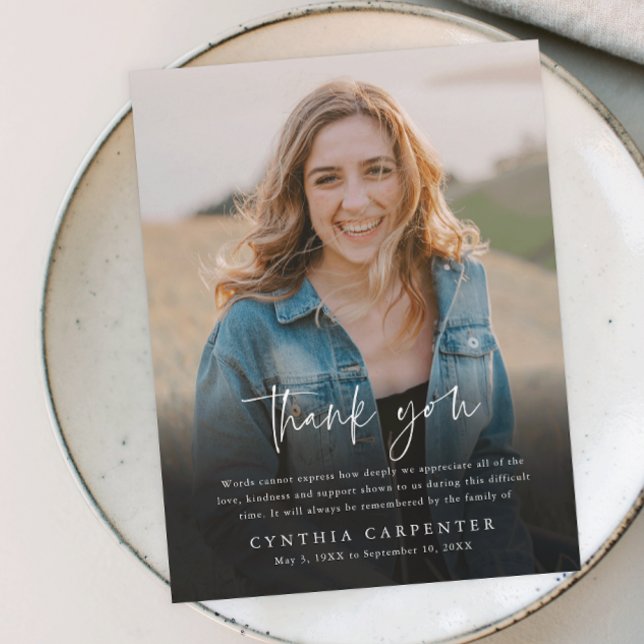 Modern Funeral Memorial Photo Thank You Card (Modern script simple photo memorial thank you card.)