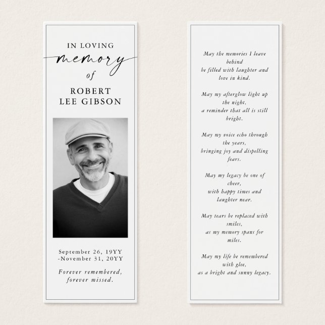Modern Funeral Memorial Prayer Photo Bookmark (Front & Back)