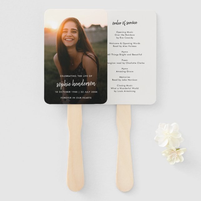Modern Funeral | Order of Service Life Celebration Hand Fan (Front and Back)