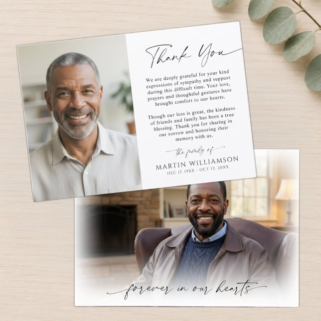 Modern Funeral Script Thank You 2 Photos Card (Creator Uploaded)