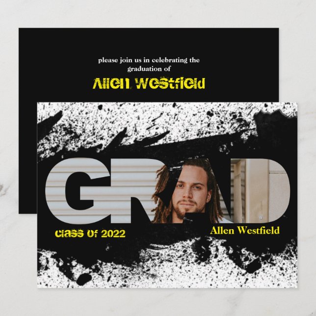 Modern Funky Black Splat GRAD Photo Invitation (Front/Back)