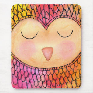 Modern Funky Sleepy Owl Mixed Media Painting Mouse Pad