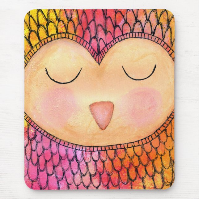 Modern Funky Sleepy Owl Mixed Media Painting Mouse Pad (Front)