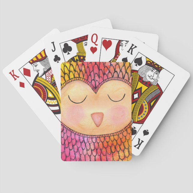 Modern Funky Sleepy Owl Mixed Media Painting Playing Cards (Back)