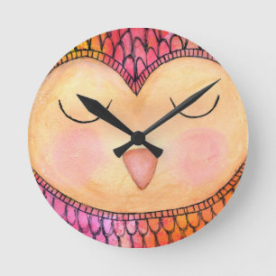 Modern Funky Sleepy Owl Mixed Media Painting Round Clock
