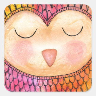 Modern Funky Sleepy Owl Mixed Media Painting Square Sticker
