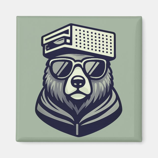 Modern Funny Bear With Cheese Grater Hat Green Magnet (Front)