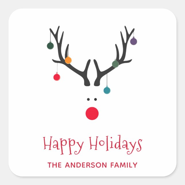 Modern funny Christmas holidays reindeer white Square Sticker (Front)