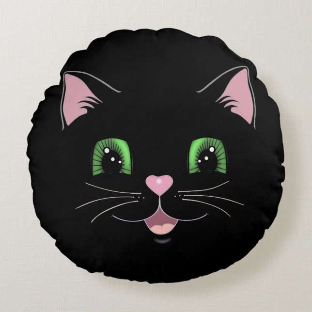 Modern funny cute black cat face cartoon round cushion (Front)