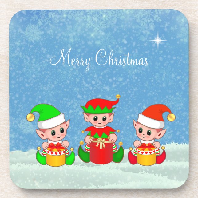 Modern Funny Cute Christmas Elf Buddies Coaster (Front)