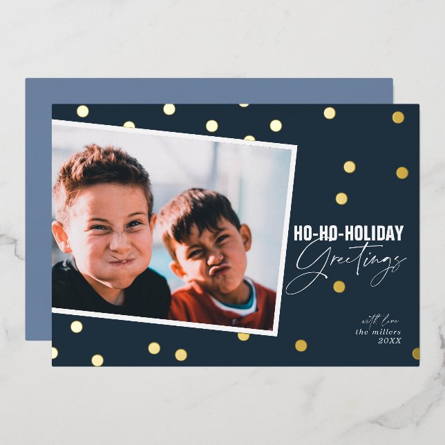 Modern Funny Dots Blue Christmas Gold Foil Holiday Card (Front/Back)