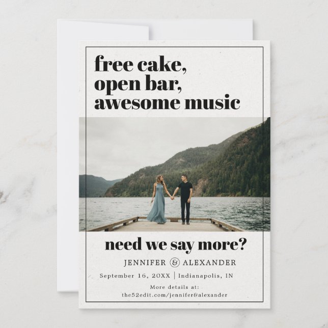 Modern Funny Free Cake Open Bar Quote Photo Save The Date (Front)