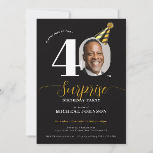 Modern Funny Hat Photo Surprise 40th Birthday Invitation