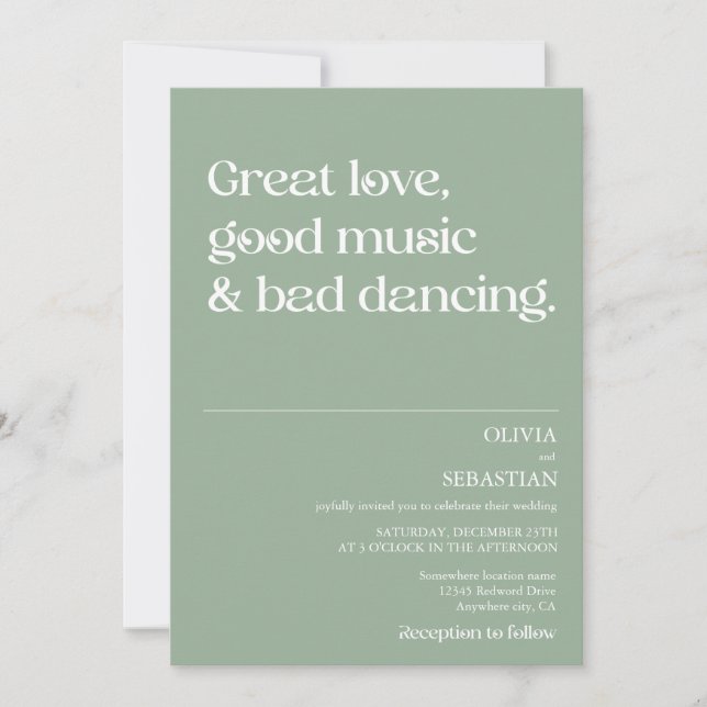 Modern Funny Minimal Typography Sage Green Wedding Invitation (Front)