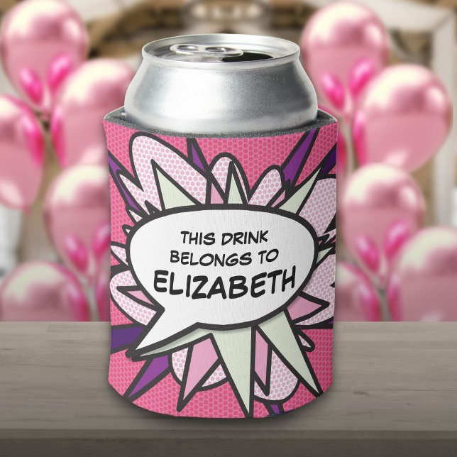 Modern Funny Pink Personalised  Speech Bubble Can Cooler (Modern Funny Pink Personalized Speech Bubble Can Cooler)