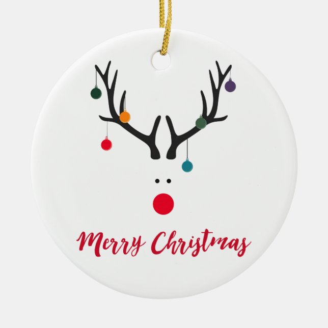 Modern funny reindeer on white Merry Christmas Ceramic Ornament (Front)