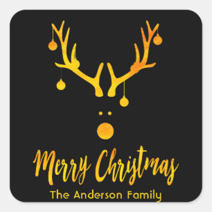 Modern funny Santa reindeer faux gold on black Square Sticker