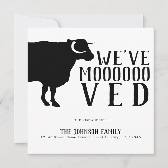 Modern Funny We've Moved Black Cow New Home Moving Announcement (Front)