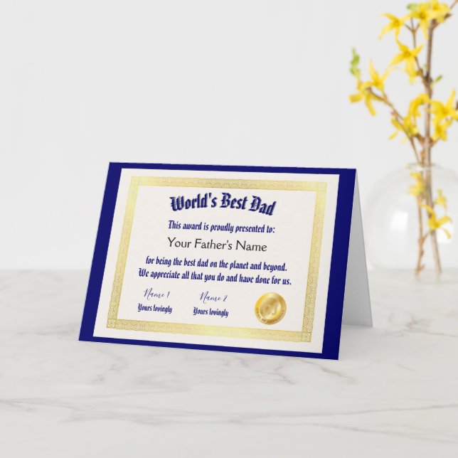 Modern Funny World's Best Dad Certificate  Card (Yellow Flower)