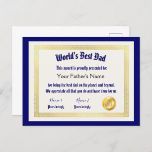 Modern Funny World's Best Dad Certificate  Postcard