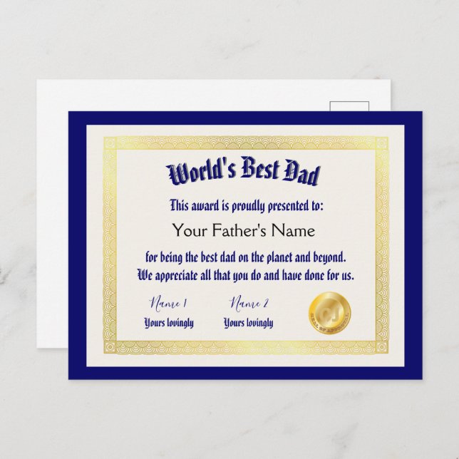 Modern Funny World's Best Dad Certificate  Postcard (Front/Back)