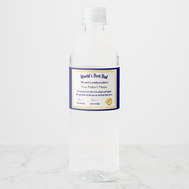 Modern Funny World's Best Dad Certificate  Water Bottle Label (Front)
