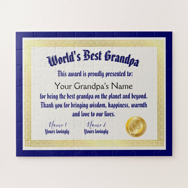 Modern Funny World's Best Grandpa Certificate Jigsaw Puzzle (Horizontal)
