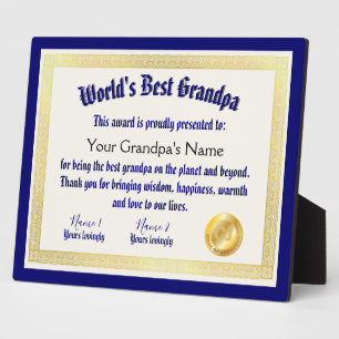 Modern Funny World's Best Grandpa Certificate Plaque