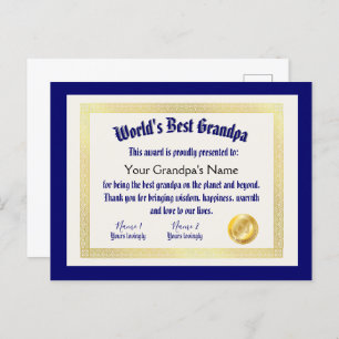 Modern Funny World's Best Grandpa Certificate Postcard