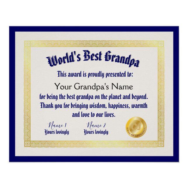 Modern Funny World's Best Grandpa Certificate Poster (Front)