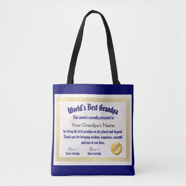 Modern Funny World's Best Grandpa Certificate Tote Bag (Front)