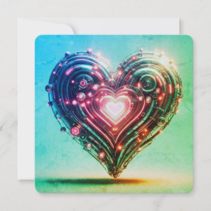 Modern Futuristic Glowing Green and Pink Heart  Card
