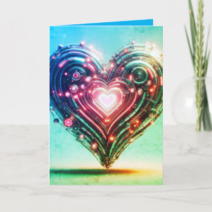 Modern Futuristic Glowing Green and Pink Heart  Card