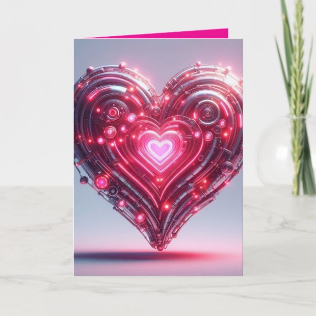 Modern Futuristic Glowing Pink Heart  Card (Front)