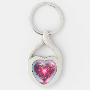 Modern Futuristic Glowing Pink Heart Key Ring