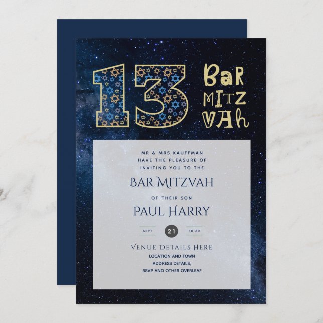 Modern Galaxy Blue BAR MITZVAH Invitations (Front/Back)