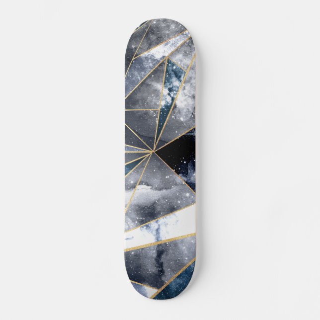Modern Galaxy Nebula Geometric Gold Triangles Skateboard (Front)