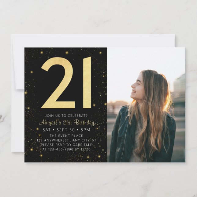 Modern Galaxy Photo Black Gold 21st Birthday Party Invitation (Front)