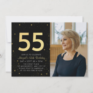 Modern Galaxy Photo Black Gold 55th Birthday Party Invitation