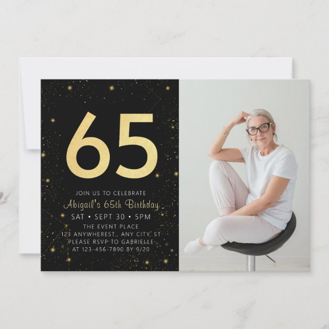 Modern Galaxy Photo Black Gold 65th Birthday Party Invitation (Front)