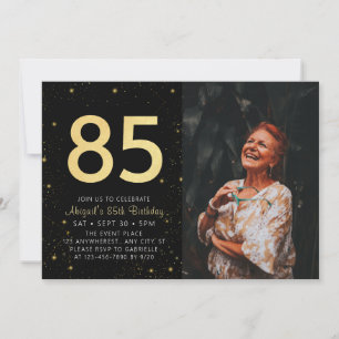 Modern Galaxy Photo Black Gold 85th Birthday Party Invitation