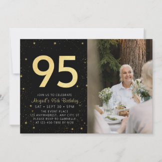 Modern Galaxy Photo Black Gold 95th Birthday Party Invitation