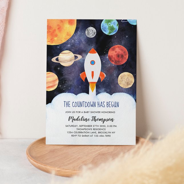 Modern Galaxy Planets Space Rocket Baby Shower Invitation (Creator Uploaded)