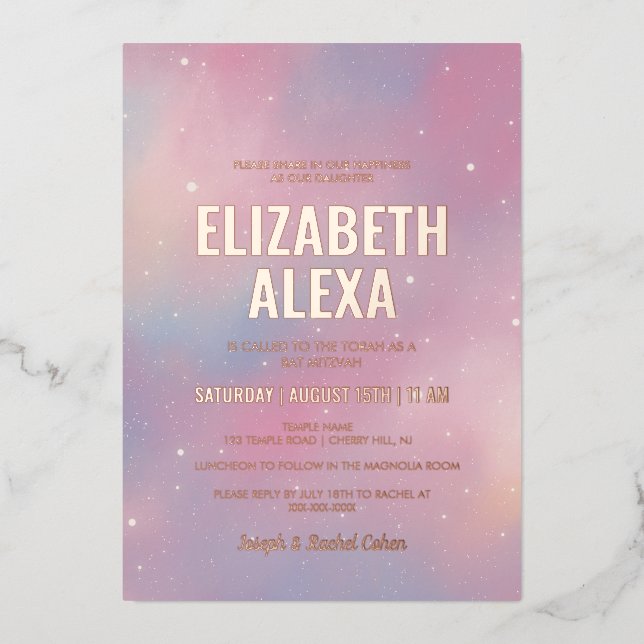 Modern Galaxy Rose Gold Bat Mitzvah Foil Invitatio (Front)