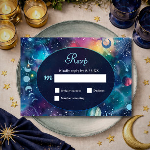 Modern galaxy space moon phases celestial wedding RSVP card