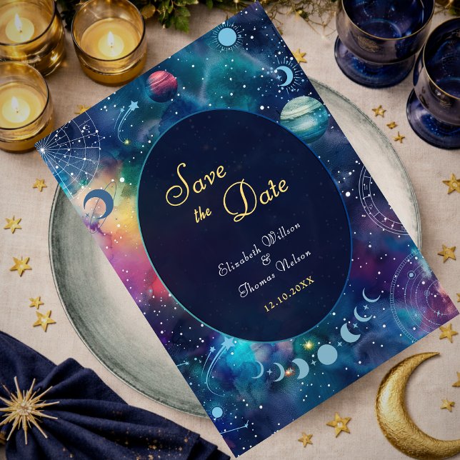Modern galaxy space moon phases celestial wedding save the date (Creator Uploaded)